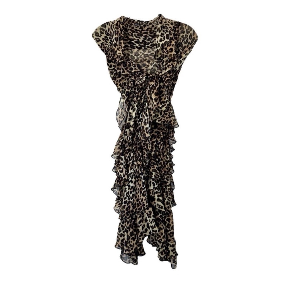 Vtg 00s Animal Leopard Print Ruffle Long Scarf Wrap Sarong